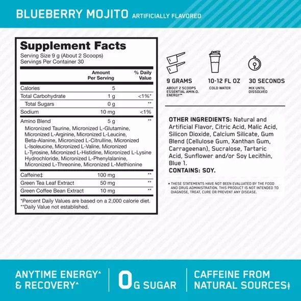 Optimum Nutrition ESSENTIAL AMIN.O. ENERGY® Blueberry Mojito 0.6 lb (30 Servings) Norge | QNIET7302