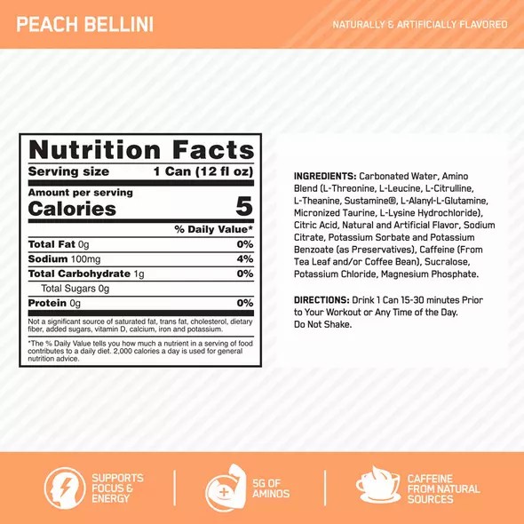 Optimum Nutrition ESSENTIAL AMIN.O. ENERGY+ Electrolytes Sparkling Peach Bellini 355ml * 12 Cans (12 Servings) Norge | ETIKA4065
