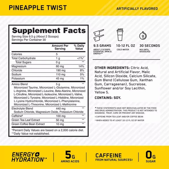 Optimum Nutrition Essential AMIN.O. ENERGY + Electrolytes Pineapple Twist 0.63 lb (30 Servings) Norge | GWAKJ0821