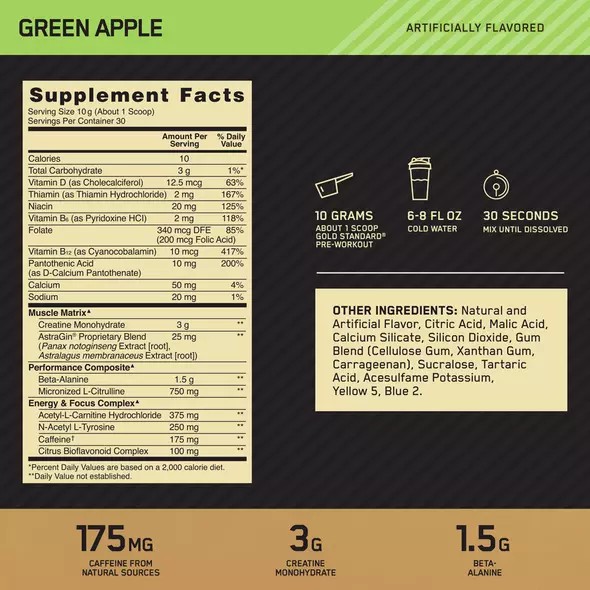 Optimum Nutrition GOLD STANDARD® Pre-Workout Green Apple 0.66 lb (30 Servings) Norge | JDAZR8751