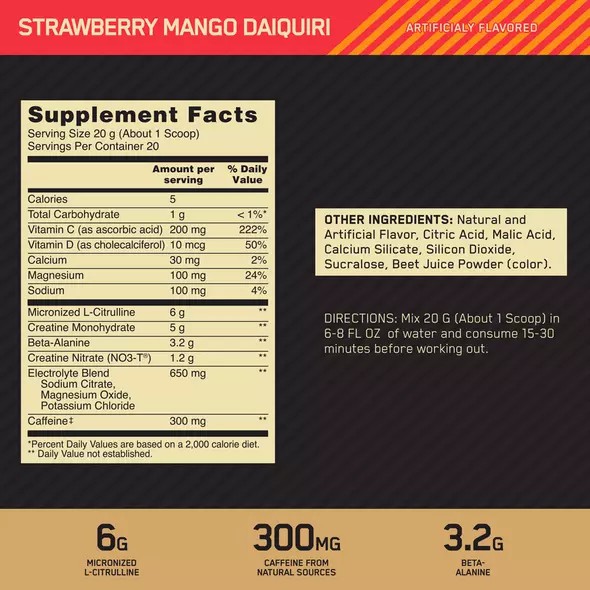 Optimum Nutrition GOLD STANDARD® Pre Advanced Strawberry Mango Daiquiri 0.88 lb (20 Servings) Norge | KNPMG4381