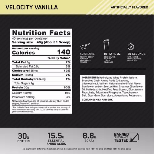 Optimum Nutrition PLATINUM HYDROWHEY™ Velocity Vanilla 3.52 lb (40 Servings) Norge | ORNVY1740