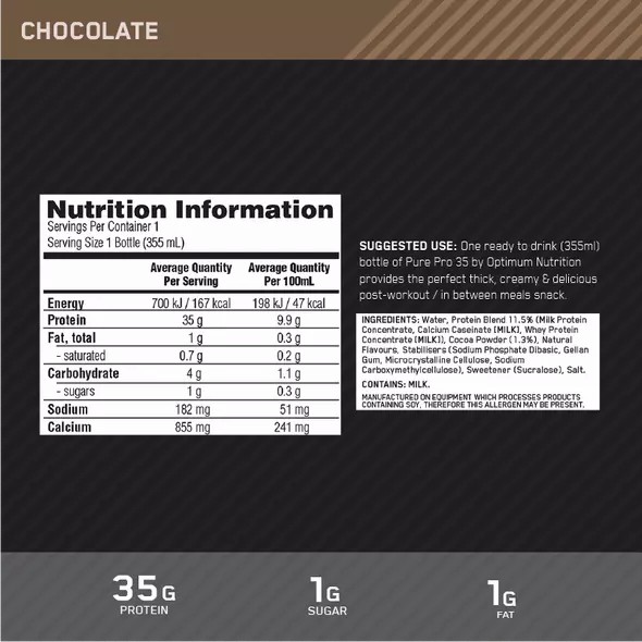 Optimum Nutrition Pure Pro 35 Chocolate 355ml (6 bottles) Norge | AJDSF5123