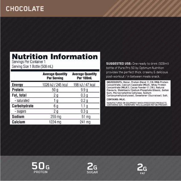 Optimum Nutrition Pure Pro 50 Chocolate 508ml (12 bottles) Norge | MRVXY8647